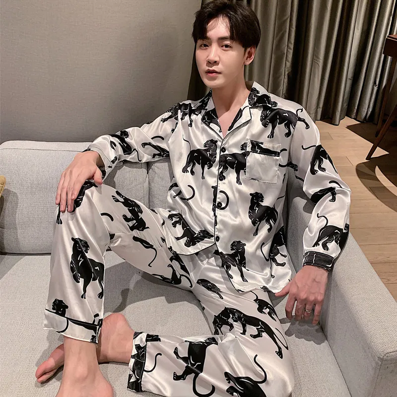 mens pjs Spring Autumn Men Satin Silk Pajamas Sets Of Long Sleeve Trousers Male Pyjamas New Sleepwear Leisure Home Clothing Pijama Hombre mens short pjs