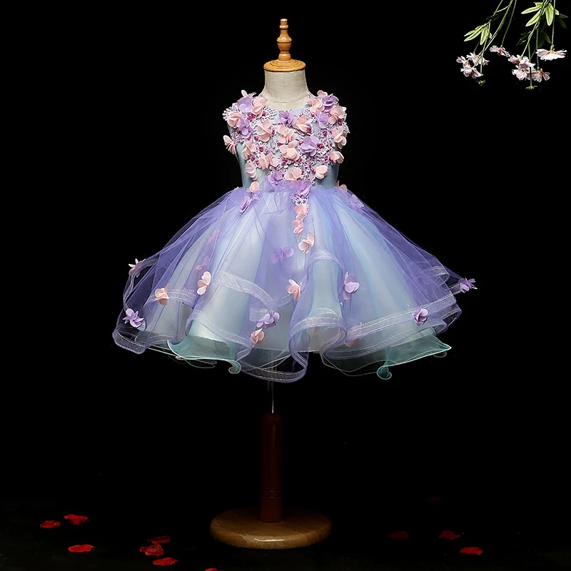 Appliques Tulle Flower Girl Dress Kids Pageant Evening Gown Party Beading Lace Princess Wedding First Communion Clothes