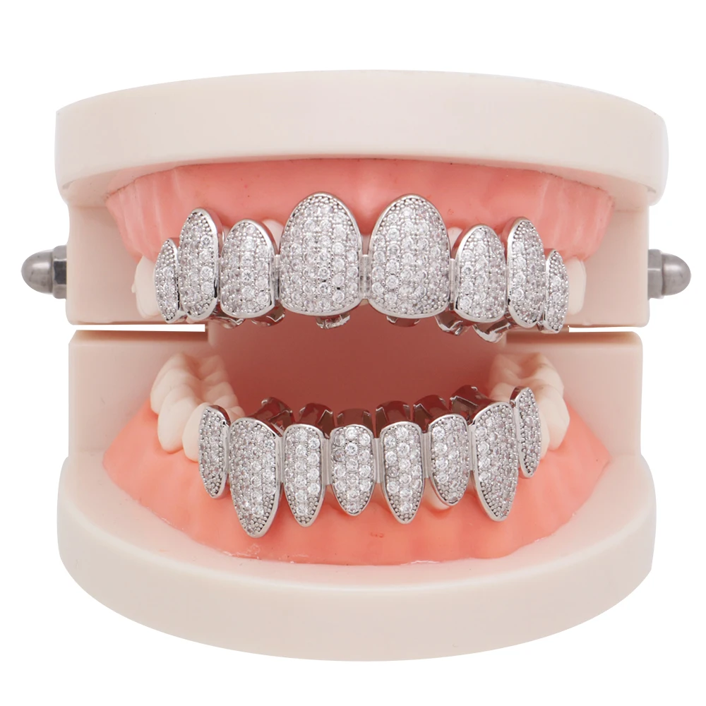 LuReen Iced Out Grillz Vampire Fangs Grillz Top Bottom Gold Teeth Hip Hop Tooth Caps CZ Crystal Bling Grillz Rapper Jewelry