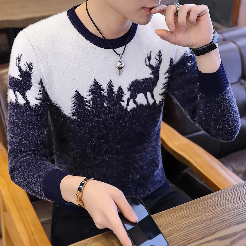 Мужская зимняя теплая свитера мужские повседневные тонкие пуловеры с круглым вырезом Модные Полосатые свитера с принтом высококачественные хлопковые вязаные свитера