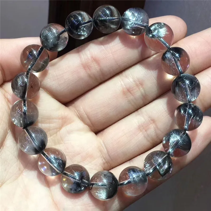 

11.9mm Natural Brookite Platinum Silver Rutilated Quartz Bracelet Woman Man Gift Round Beads Gift Crystal Stretch Lucky Jewelry