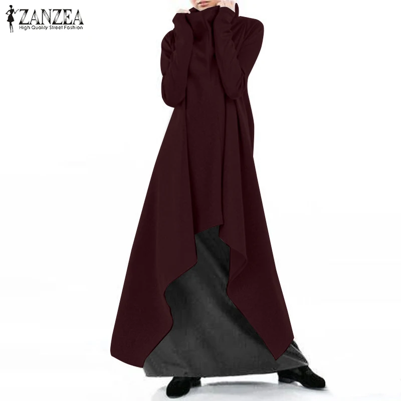 Модное женское платье-свитер с высоким воротом, ZANZEA, Осеннее однотонное асимметричное длинное платье макси с длинным рукавом, пуловер, сарафан Vestido
