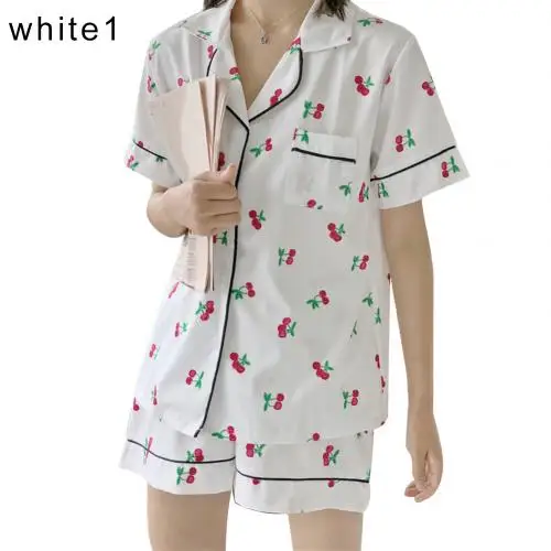 White 1 2 шт./компл. из плотной ткани модное Для женщин милые туфли-лодочки для девочки с симпатичным с мультипликационным принтом; Милая отложной воротник короткий рукав Топ Короткие шорты пижамы Girly - Цвет: White 1