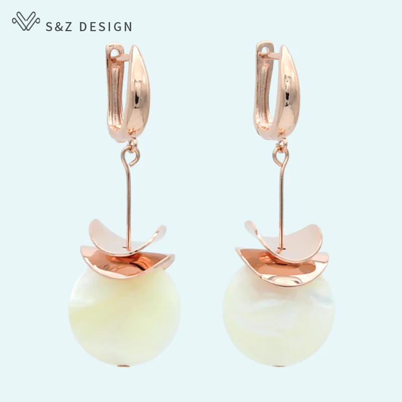 

S&Z New Fashion Round Natural Shell Dangle Earrings 585 Rose Gold Temperament Fine Eardrop For Women Girls Trendy Jewelry Gift