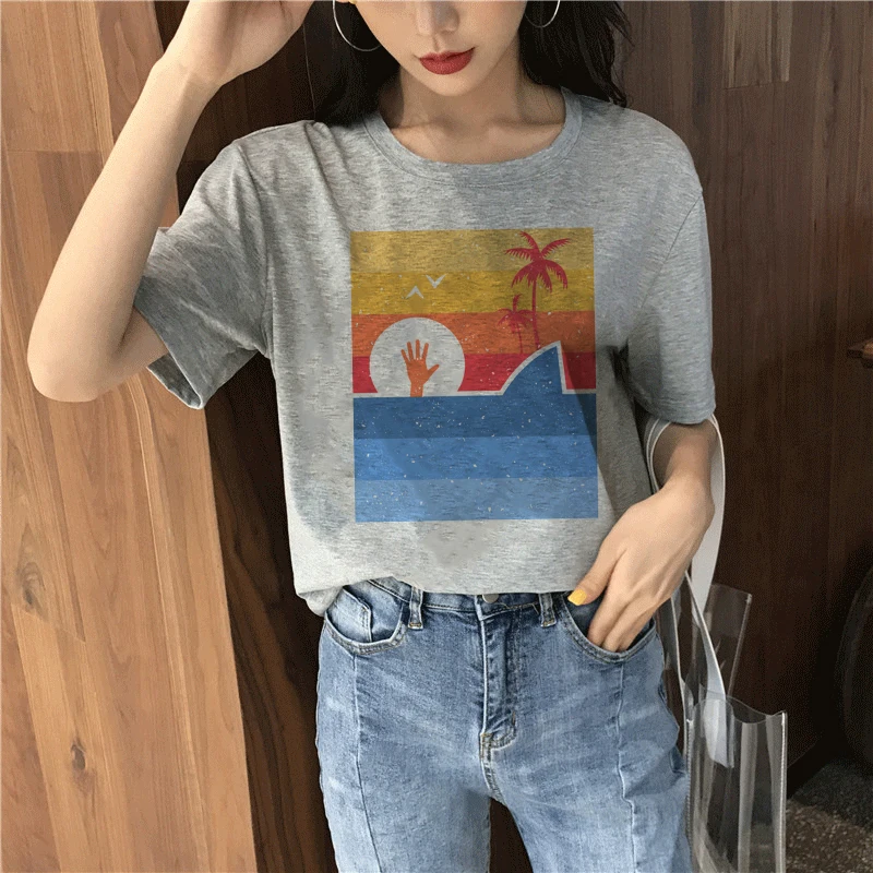 Летняя серая женская футболка в японском стиле с круглым вырезом и коротким рукавом в стиле Харадзюку - Цвет: 4856-gray