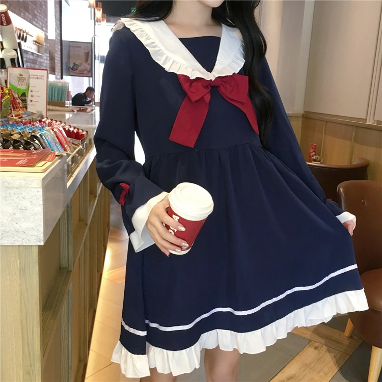 Консервативный стиль kawaii короткое платье для девочек моряка воротник бантом платье в викторианском стиле Косплей Лолита чай op вечерние