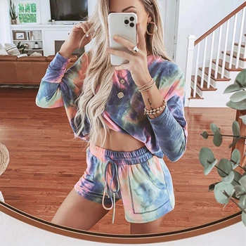 

Two Pieces Tie Dye O Neck Long Sleeve Women Pajama Sets Drawstring Lace Up Lady Homewear Set 2020 Summer Casual Female Outfits