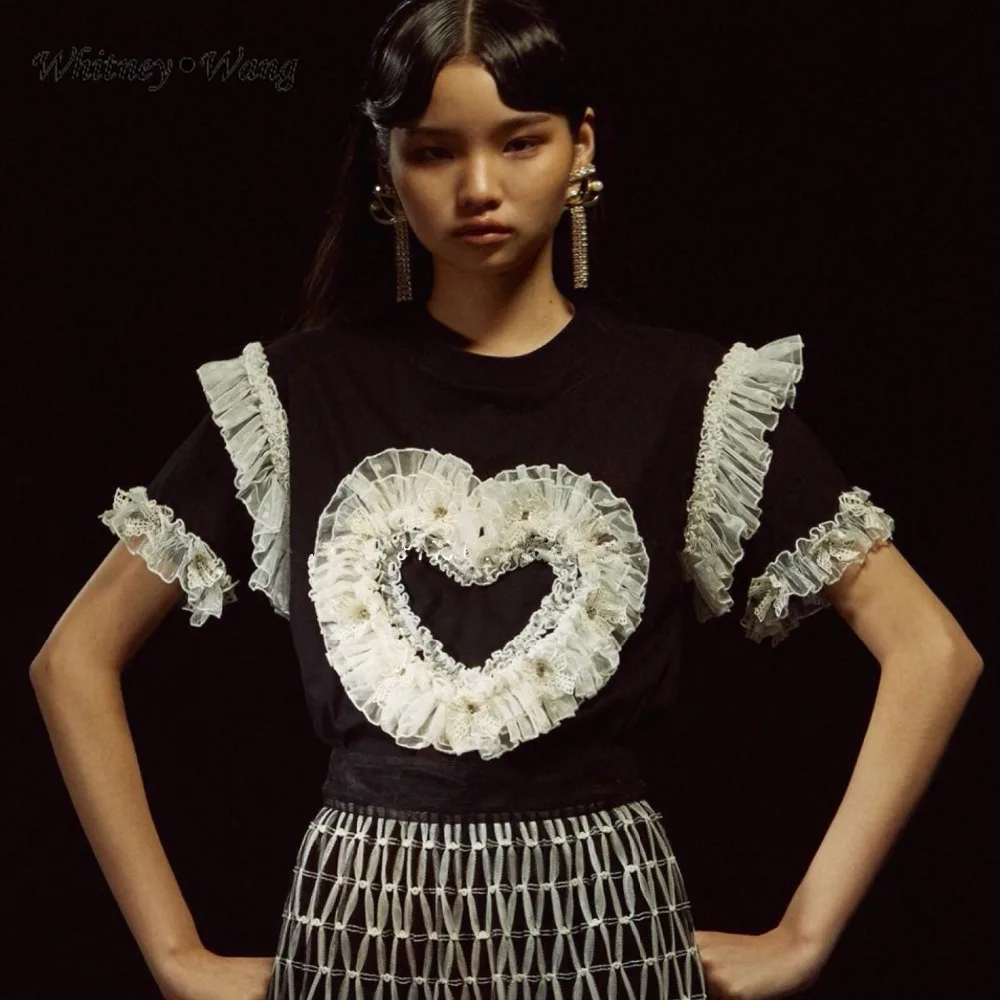 WHITNEY WANG футболка весна лето мода уличная 3D сладкое сердце оборки Футболка женская футболка Топы Футболка женские футболки