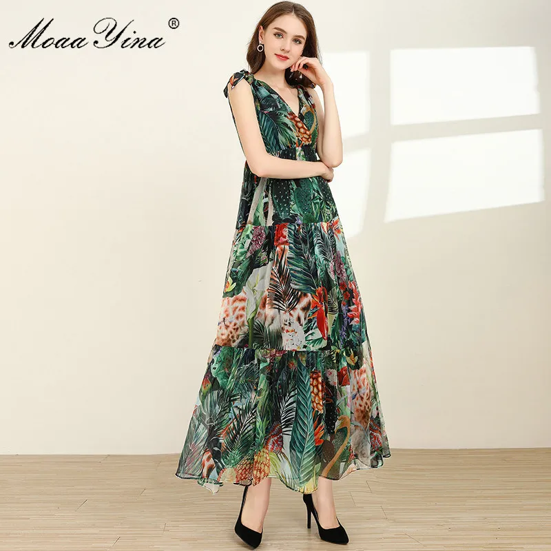 MoaaYina, модное дизайнерское платье, весна-лето, женское платье на бретельках с цветочным принтом, шифоновые платья для отдыха - Цвет: Многоцветный