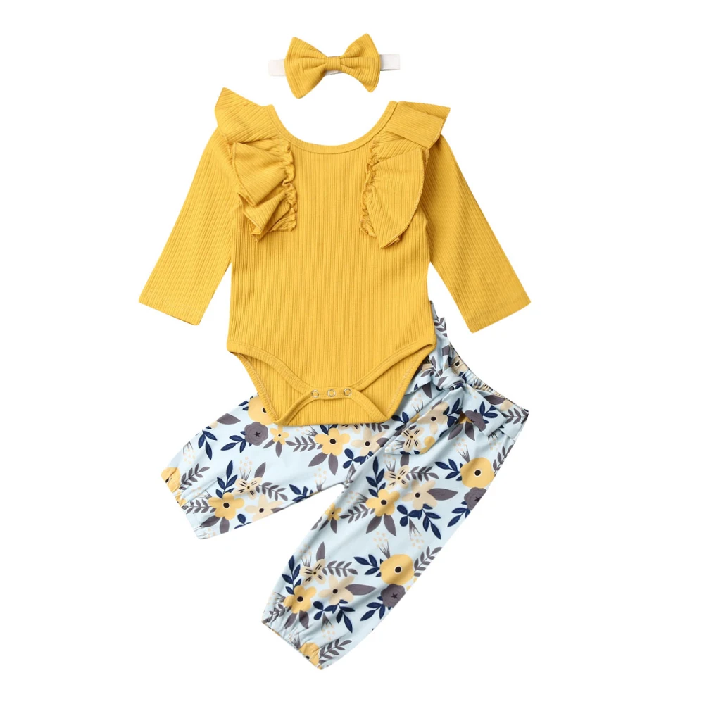 3pieces Newborn Baby Girl Clothes Set Solid Gray Yellow Red Bodysuits For Girls Print Pants Hairbands Outfit Newborn Clothes Set