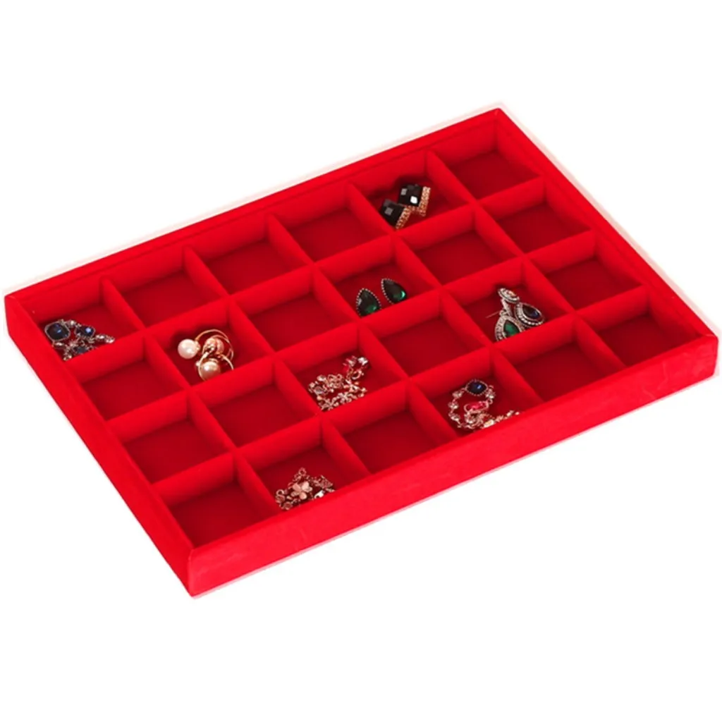 

24 Grids Red Velvet Jewelry Display Organizer Case Ring Tray Earring Storage