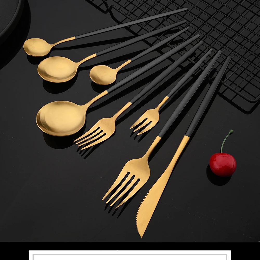 Description Picture 2 of itemTableware Stainless Steel Black Gold Flatware Cutlery Set Dinnerware Dinner Knife Coffee Spoon Fork Salad Fork Spoon Silverware