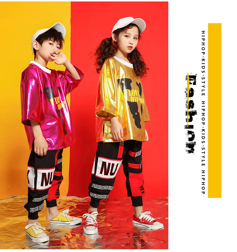 Детские костюмы в стиле хип-хоп с короткими рукавами розового и золотого цвета для девочек, танцевальные костюмы Ds, одежда для бальных танцев