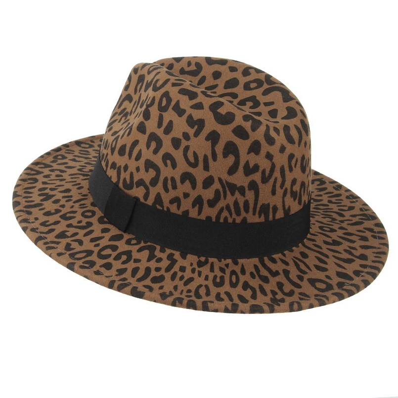 GEMVIE широкополый Леопардовый шерстяной фетровая шляпа для женщин новая теплая зимняя Панама джазовая шляпа Кепка с лентой