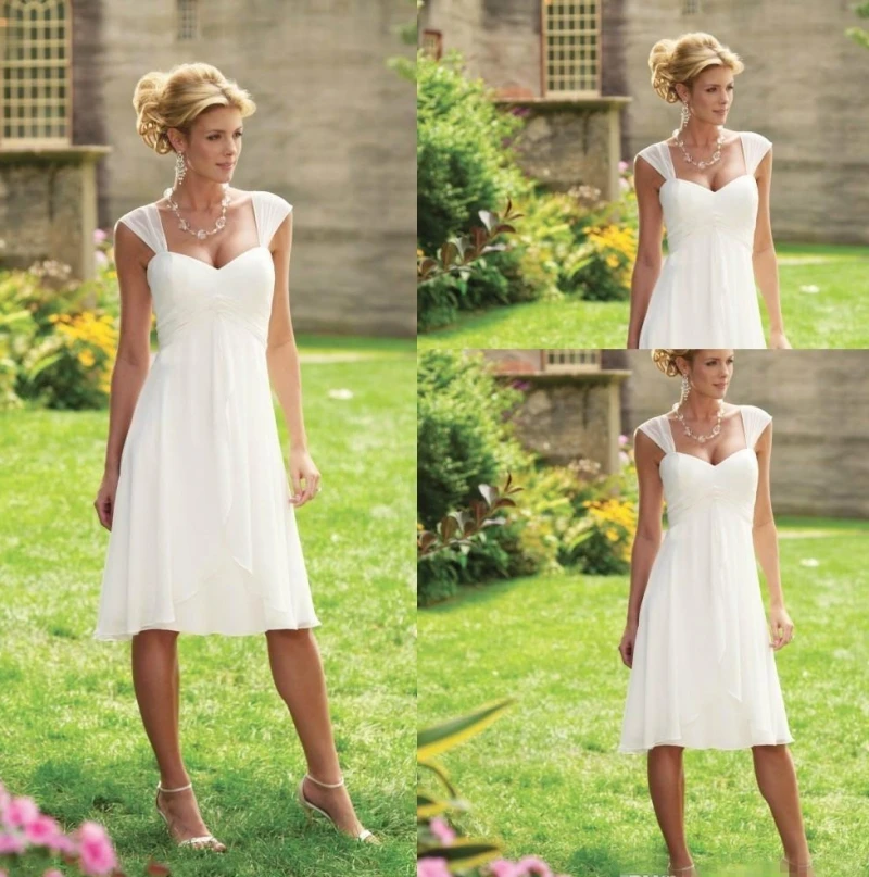 

2019 Cheap Knee Length Wedding Dresses A-line Chiffon Sweetheart Cap Sleeves White Pleats Country Beach Wedding Bridal Gowns