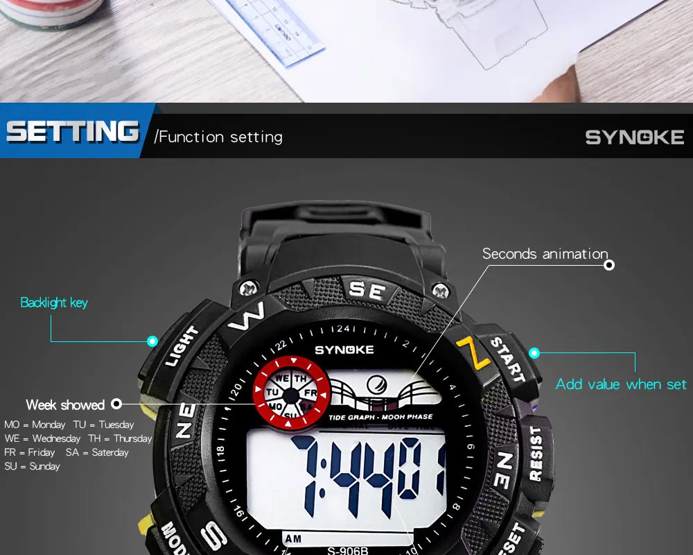SYNOKE часы цифровые спортивные мужские часы с будильником срок службы 30 м Водонепроницаемые Универсальные часы с таймером relojes digitales para hombre