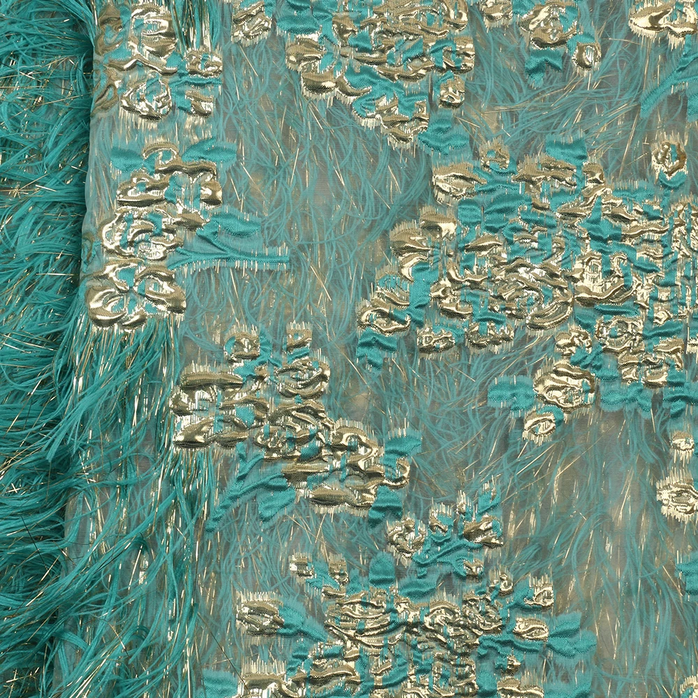2020 Latest New Arrivals Africa Nigerian French Ankara Jacquard Brocade Tulle Mesh Brode Lace Fabric with Feather for Wedding