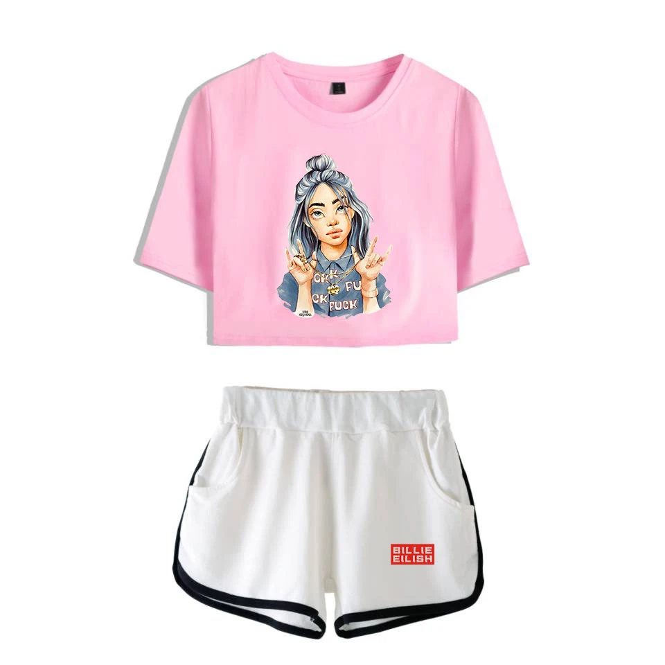 Popular new to Billie Eilish black short belly button T-shirt+ white shorts fashion women casual cotton girl two-piece