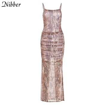 Nibber Y2K Sling Tight Mesh Summer Dress Woman Traf Robe Party Sleeve Elegant Long Dress