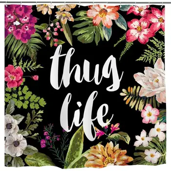 

Black Flower Print Shower Curtain, Hawaii Tropical Flower Palm Leaves Nature Plant Bathroom Set, Green Red White Fabric Shower