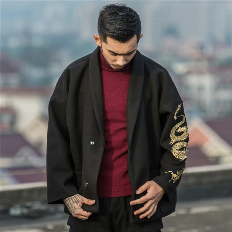 Chinese style dragon embroidery coat loose large size men's autumn and winter woolen coat kimono robes jacket Chinese style dragon embroidery coat loose large size men's autumn and winter woolen coat kimono robes jacket