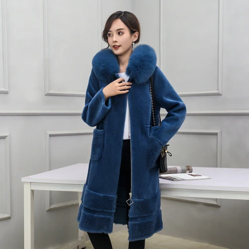Blue Пальто из натурального меха, Женская длинная винтажная куртка для стрижки овец, женская зимняя одежда из лисьего меха с капюшоном,, корейские элегантные шерстяные топы, LW2602 - Цвет: Blue