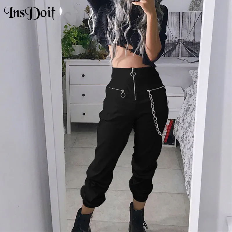 

InsDoit Harajuku Punk High Waist Black Pants Women Gothic Streetwear Metal Chain Patchwork Pants Autumn Zipper Cargo Trousers