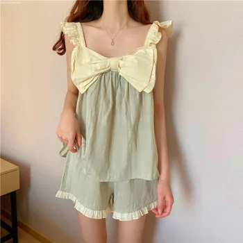 

Summer Comfortable Princess Style Pajamas Cotton Sweet Bow Shorts Suit Tide Suspender Skirt Pajamas For Women Home Wear Sets Pjs