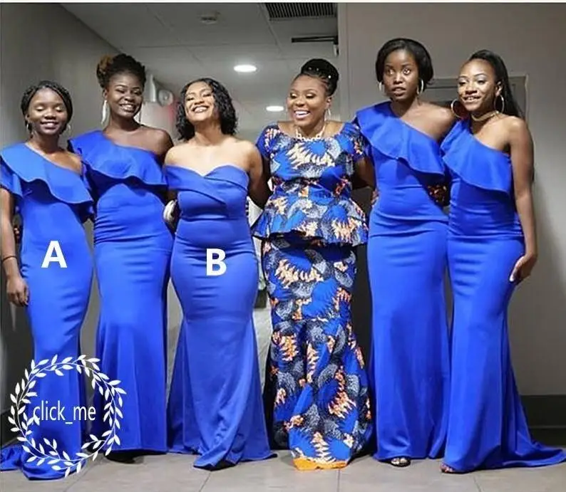 

Blue Plus Size Mermaid One Shoulder Sweetheart Maid Of Honor African Women Wear Formal Party Gown 2018 Bridesmaid Dresses