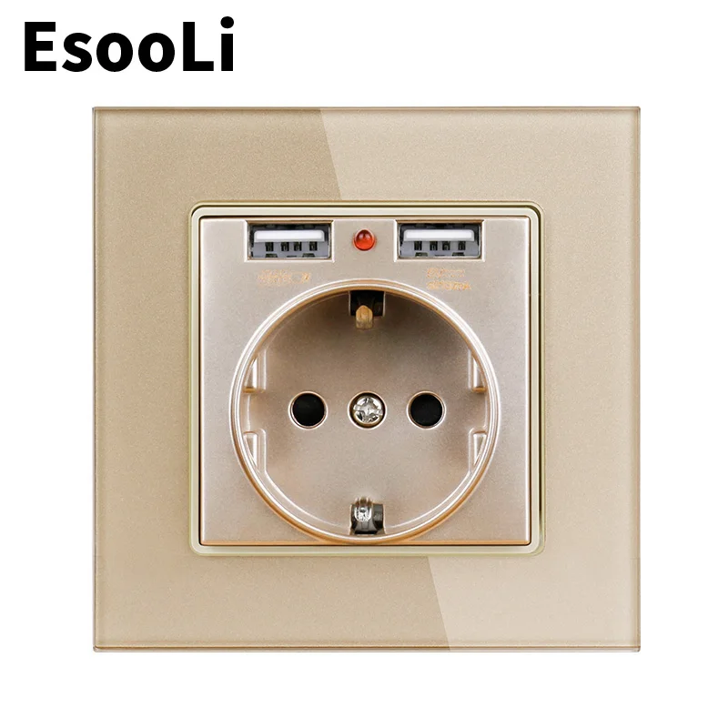 Настенная розетка EsooLi Gold USB европейская белая стеклянная панель два USB-порта для