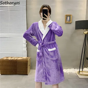 

Robes Womens Solid Long Bathrobe Pocket Flannel Warm Simple Leisure Womens Korean Style Nightwear Elegant Comfortable Soft New