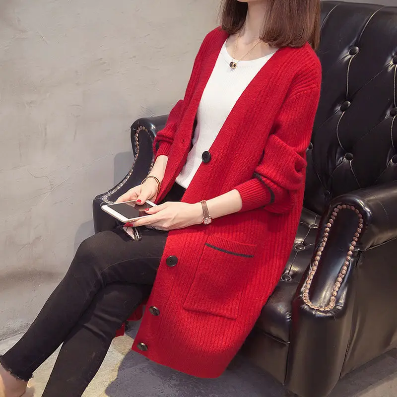 

Fashion New Spring Knitwear Cardigan Women Middle Length Autumn Casual Loose Clothe Lazy Wind With Solid Color Lady Sweater Coat
