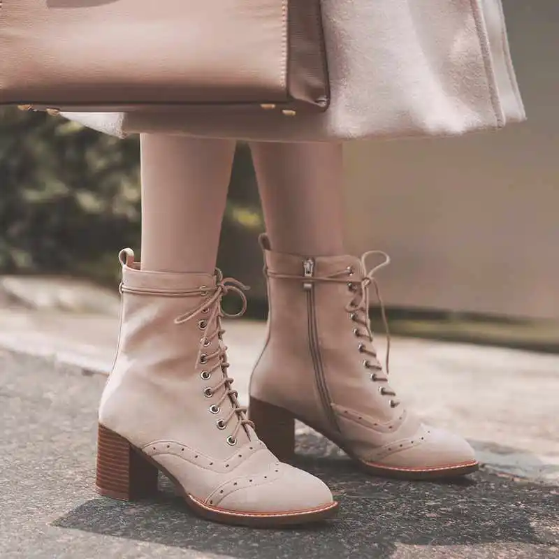 krazing pot flock material lace up thick high heels wedding breathable prepp style European career design ankle boots l18