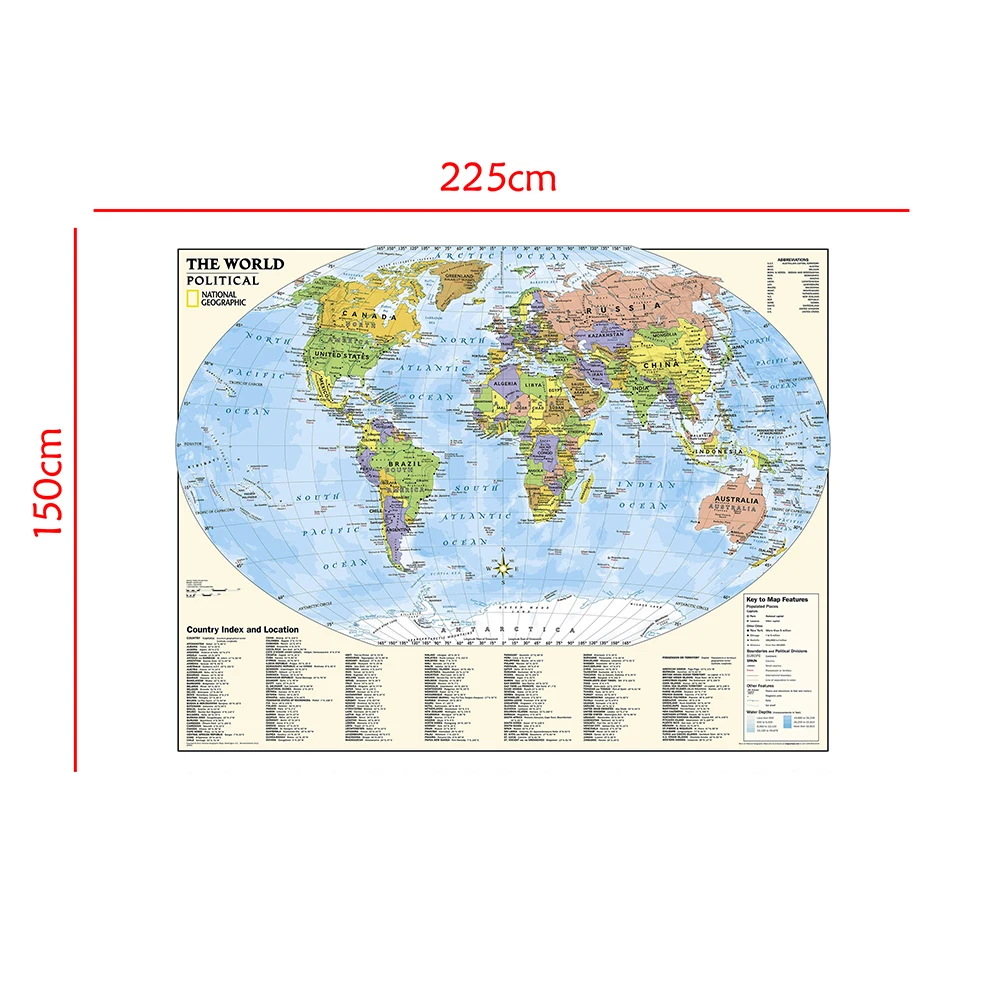 Физическая Нетканая карта мира с индексом страны и местоположением и ключом к карте для культуры и образования 150x225 см