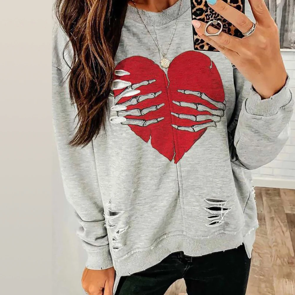 RUUHEE Halloween Skeleton Hand Heart Women Sweatshirt Hole Gothic Hoodie Female Clothing Sudadera Mujer |