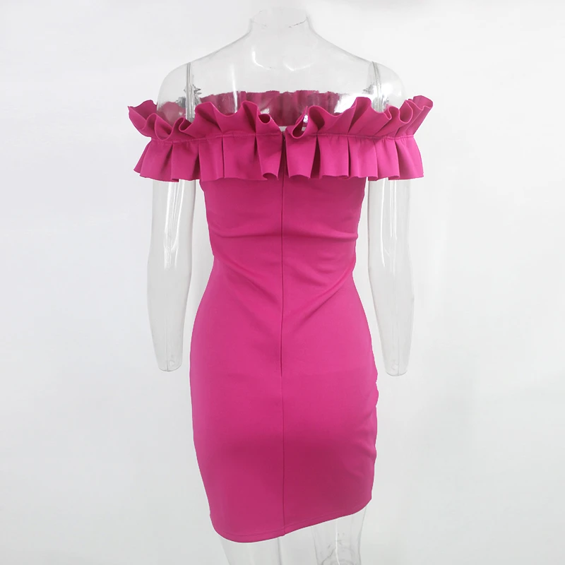 Dressmecb, Летнее мини-платье с оборками на шее, женское платье с вырезом лодочкой, без рукавов, без бретелек, бодикон, сексуальное платье,, розовое, для офиса, вечерние платья