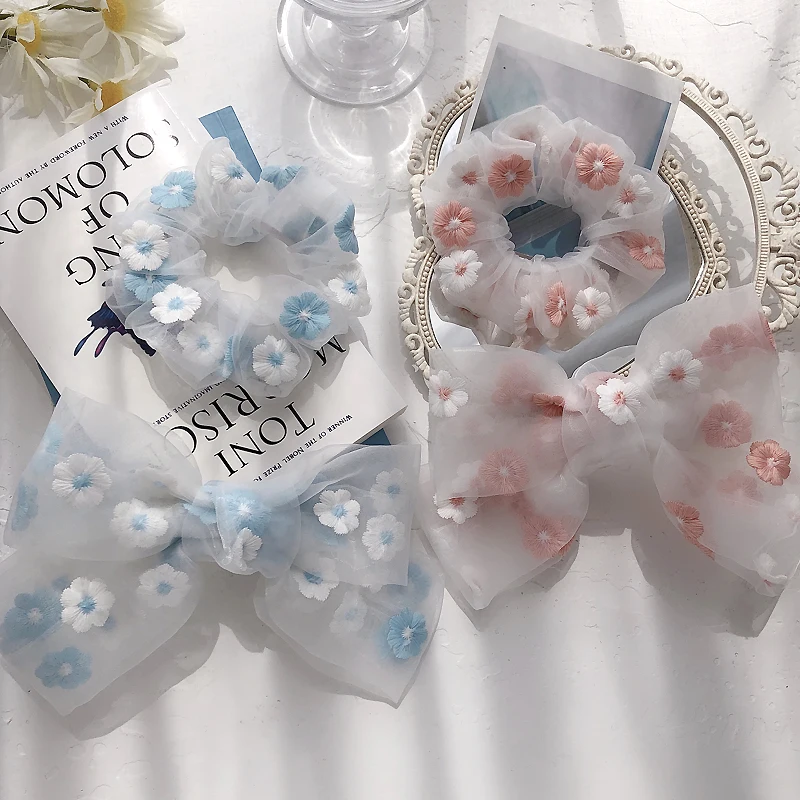 

Korean Version Of The Big Bow Hairpin Hair Ring Pink Blue Embroidery Spring Clip Large Intestine Hair Ring Girl Hair Accessories