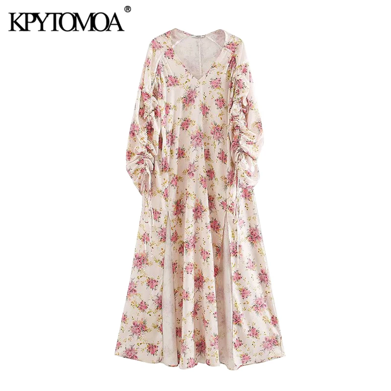 KPYTOMOA Women 2020 Chic Fashion Floral Print Midi Dress Vintage Drawstring Three Quarter Sleeve Slit Female Dresses Vestidos KPYTOMOA Women 2020 Chic Fashion Floral Print Midi Dress Vintage Drawstring Three Quarter Sleeve Slit Female Dresses Vestidos
