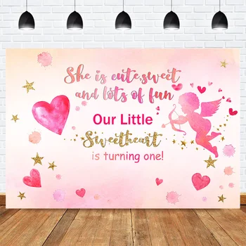 

Sweetheart One Birthday Party Banner Backdrop for Photography Photocall Angel Baby Birthday Background Love Heart Photo Studio