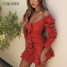 COLOREE, Осеннее сексуальное женское мини-платье с v-образным вырезом, красное, белое, с оборками, с длинным рукавом, женское платье, подиум, дизайнерское, Повседневное платье, Vestido