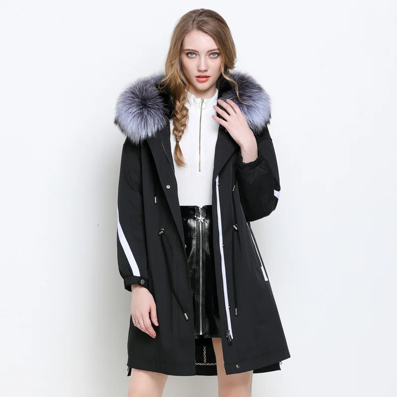 Новинка, зимняя женская куртка, длинная парка, пальто из натурального меха, большой воротник из лисьего меха, парка с капюшоном, натуральный кролик, повседневная верхняя одежда, одежда
