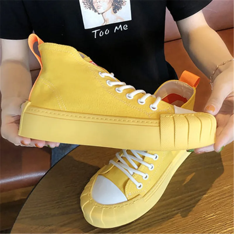 High Quality Classic Women White Canvas Shoes Spring Autumn High Top Women Platform Vulcanized Shoes Female Flat Casual Shoes - Цвет: Цвет: желтый
