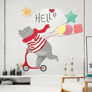 

Cute Cartoon Bear Stickers Funny Animal Scooter Playing Wall Sticker Children's Rooms Wall Decals Hello Air Balloon Stick W208