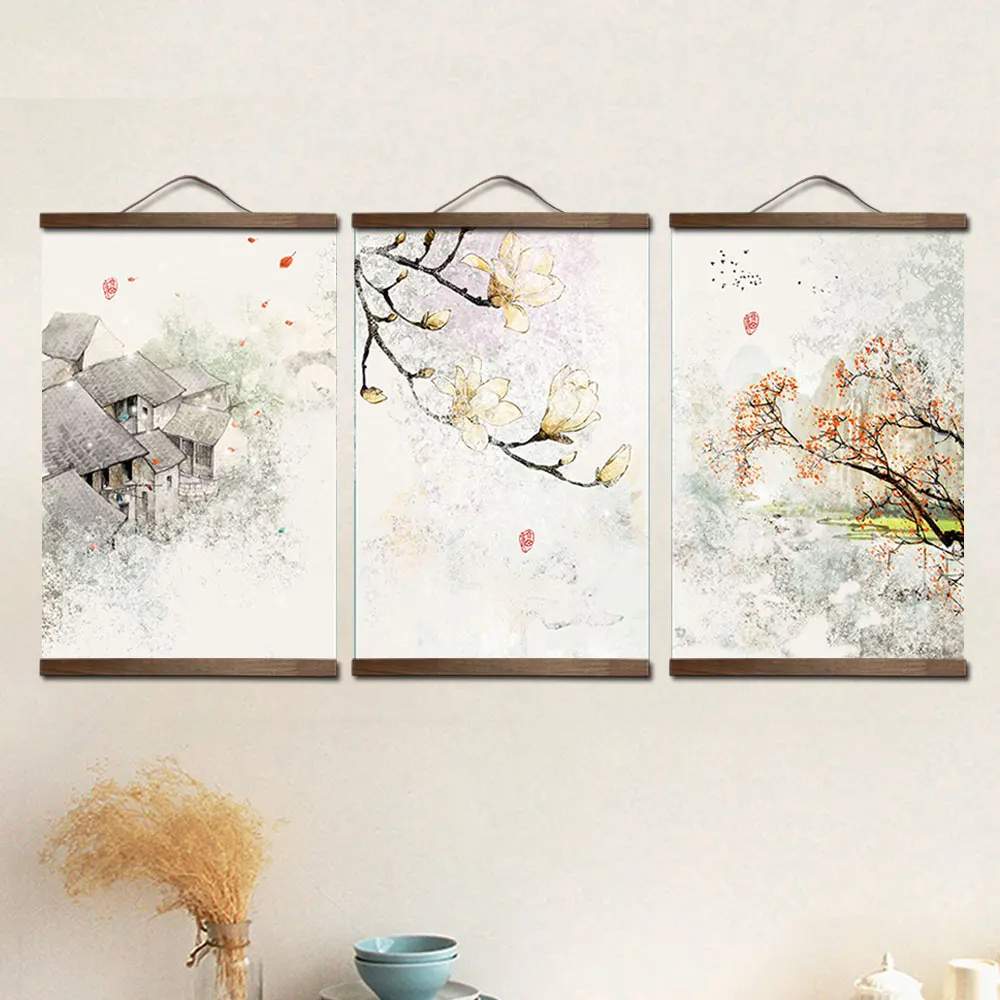 

custom chinese style green plants canvas decorative painting Store bedroom living room wall art solid wood scroll painting
