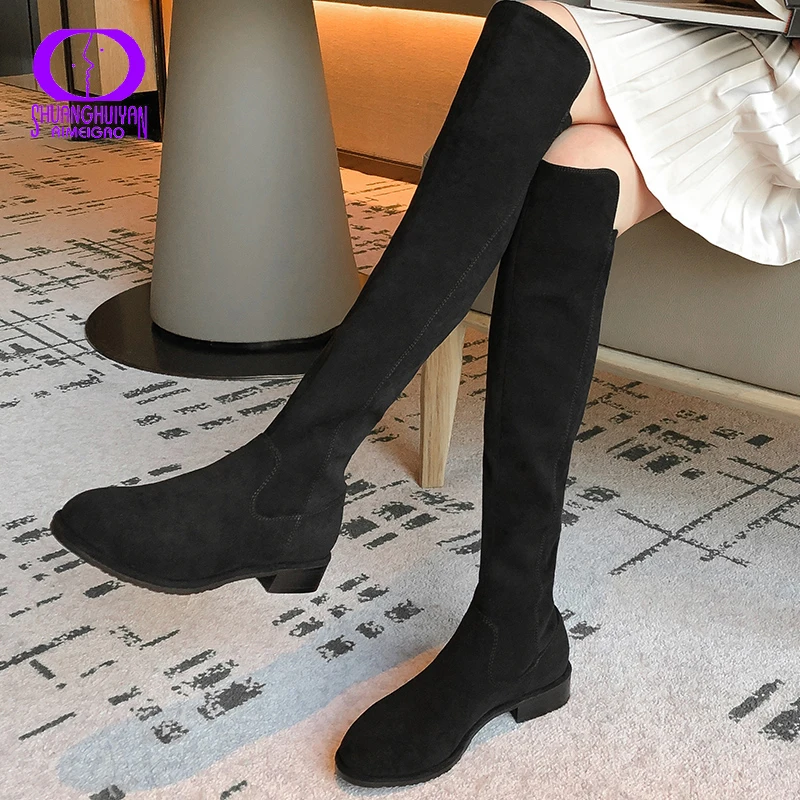 

AIMEIGAO Winter Casual Flock Long Boots Women 2020 Slim Suede Over-the-Knee Basic Low Heel Boots Female Slip-On Patchwork Shoes