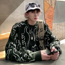 QIWN Round Neck Sweater Men's Fall/winter New Casual Printed Pullover Loose Pullover Sweater Flame Sweater Oversized Sweater