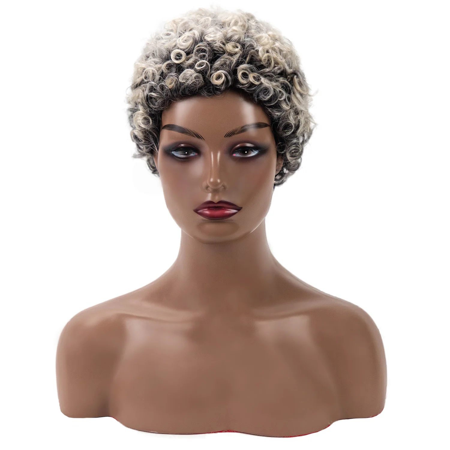 Parrucca sintetica corta Afro ricci Ombre parrucche grigie per donna parrucca riccia crespa bianca mista grigia parrucca Cosplay dall'aspetto naturale Pixie Cut - immagine 2