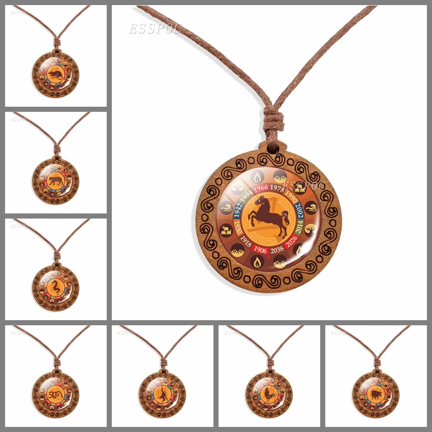 12 Zodiac Wooden Necklace Chinese zodiac sign Photo Rat Ox Glass Cabochon Jewelry Fashion Wood Pendants Men Women Birthday Gift | Украшения