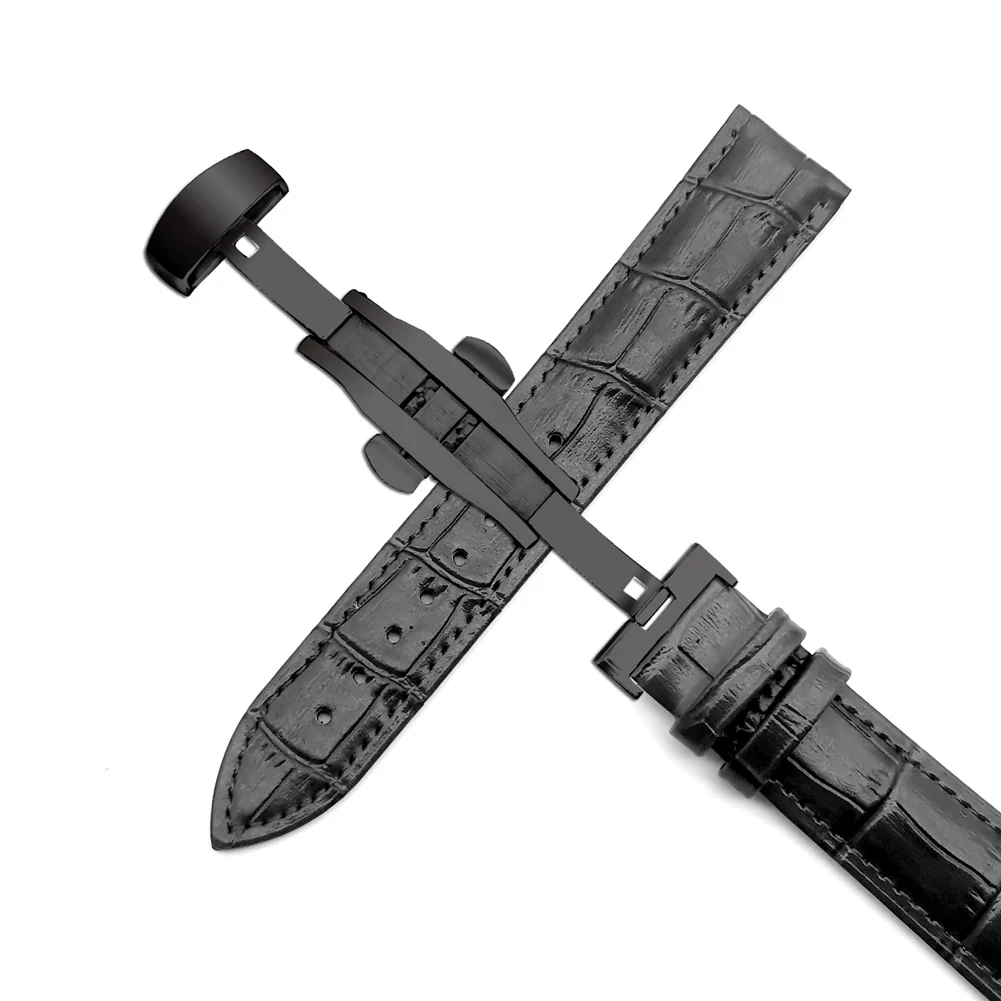 Premium Calfskin Leather Watch Strap with Double Push Butterfly Buckle