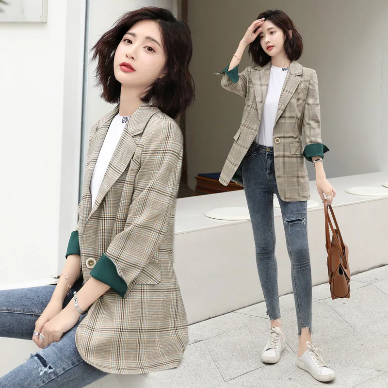 

Suit Coat Women's 2019 Autumn New Style Fashion Versatile Online Celebrity Playful Mid-length Plaid Small Suit Women's